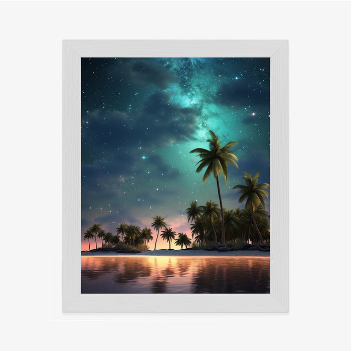 Poster Sternenstrand Auf Einer Tropischen Insel Mit Palmen Rahmen Holz Mit Passepartout Farbe Weiß