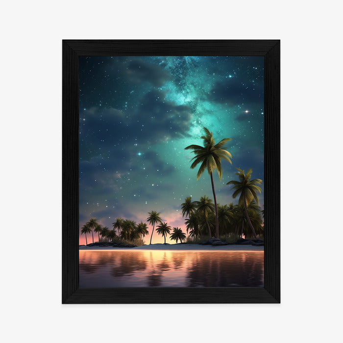 Poster Sternenstrand Auf Einer Tropischen Insel Mit Palmen Rahmen Holz Mit Passepartout Farbe Weiß