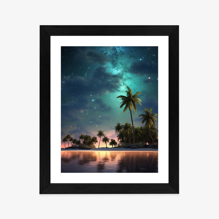 Poster Sternenstrand Auf Einer Tropischen Insel Mit Palmen Rahmen Holz Mit Passepartout Farbe Weiß