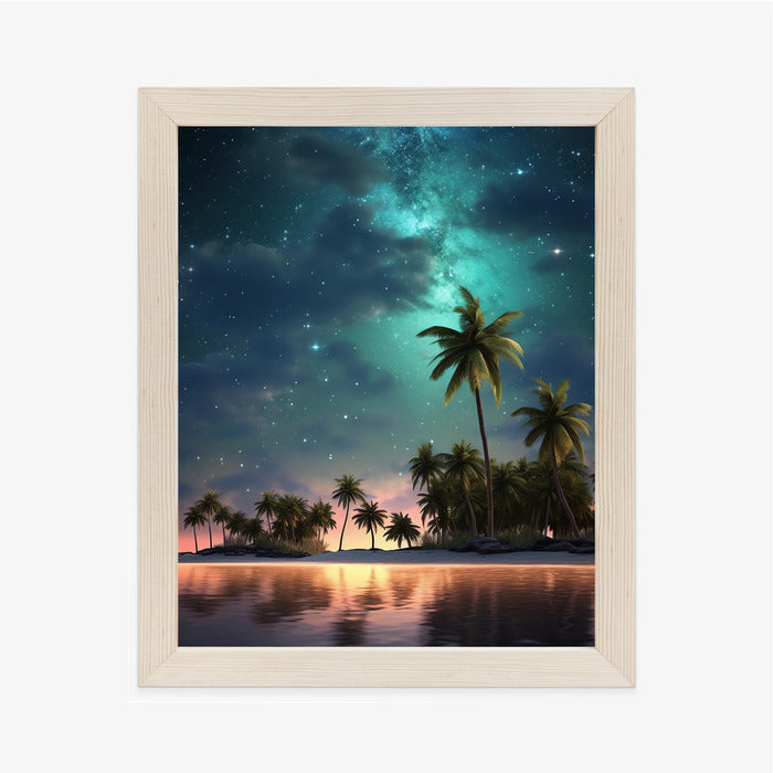 Poster Sternenstrand Auf Einer Tropischen Insel Mit Palmen Rahmen Holz Mit Passepartout Farbe Weiß