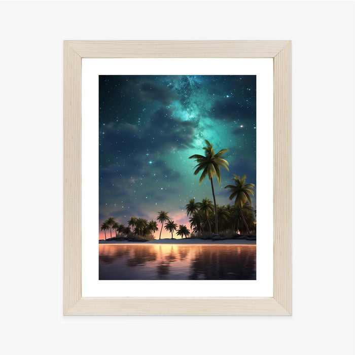 Poster Sternenstrand Auf Einer Tropischen Insel Mit Palmen Rahmen Holz Mit Passepartout Farbe Weiß