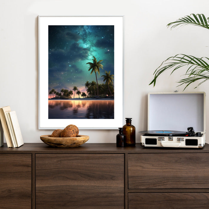 Poster Sternenstrand Auf Einer Tropischen Insel Mit Palmen Rahmen Holz Mit Passepartout Farbe Weiß