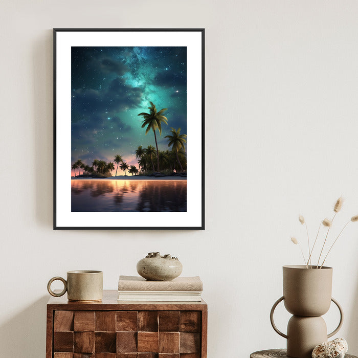 Poster Sternenstrand Auf Einer Tropischen Insel Mit Palmen Rahmen Holz Mit Passepartout Farbe Weiß
