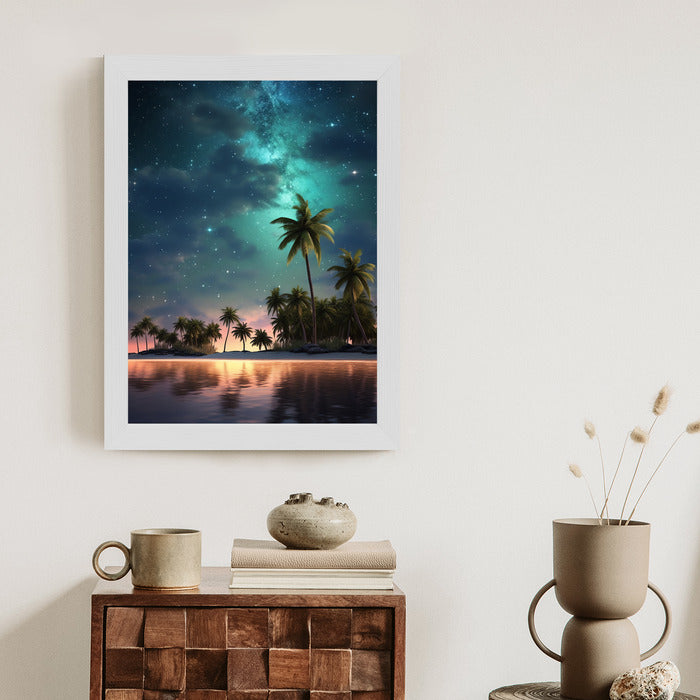 Poster Sternenstrand Auf Einer Tropischen Insel Mit Palmen Rahmen Holz Mit Passepartout Farbe Weiß