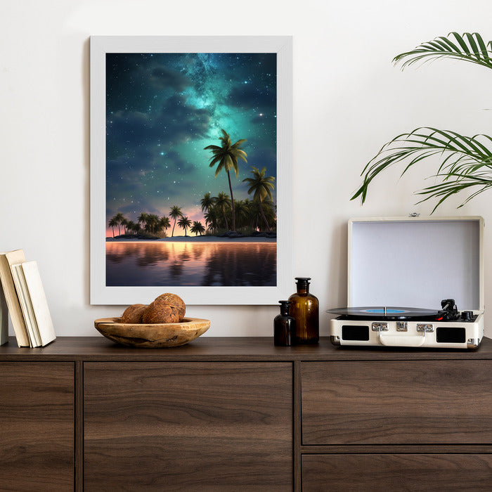 Poster Sternenstrand Auf Einer Tropischen Insel Mit Palmen Rahmen Holz Mit Passepartout Farbe Weiß