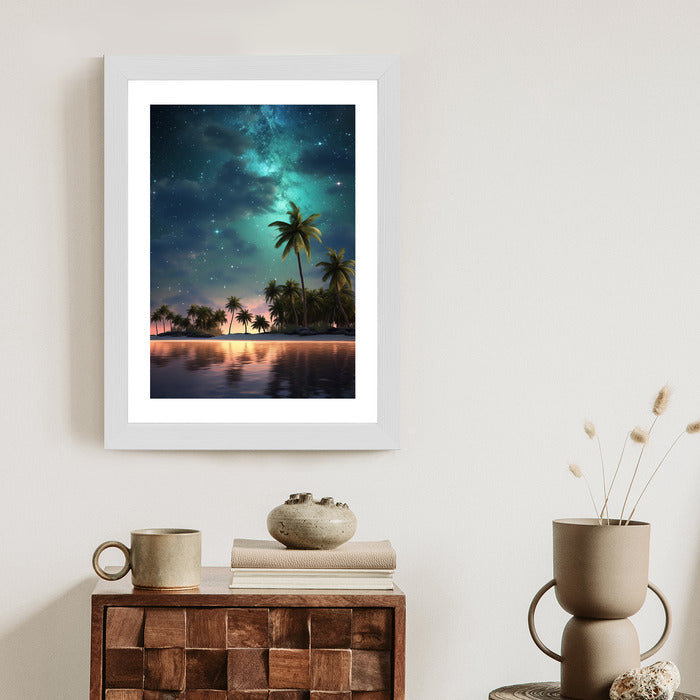 Poster Sternenstrand Auf Einer Tropischen Insel Mit Palmen Rahmen Holz Mit Passepartout Farbe Weiß