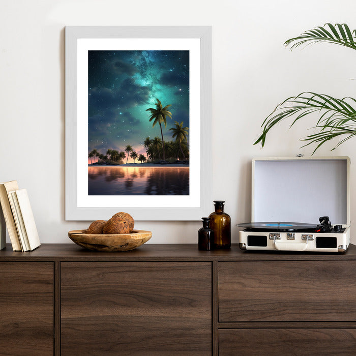 Poster Sternenstrand Auf Einer Tropischen Insel Mit Palmen Rahmen Holz Mit Passepartout Farbe Weiß