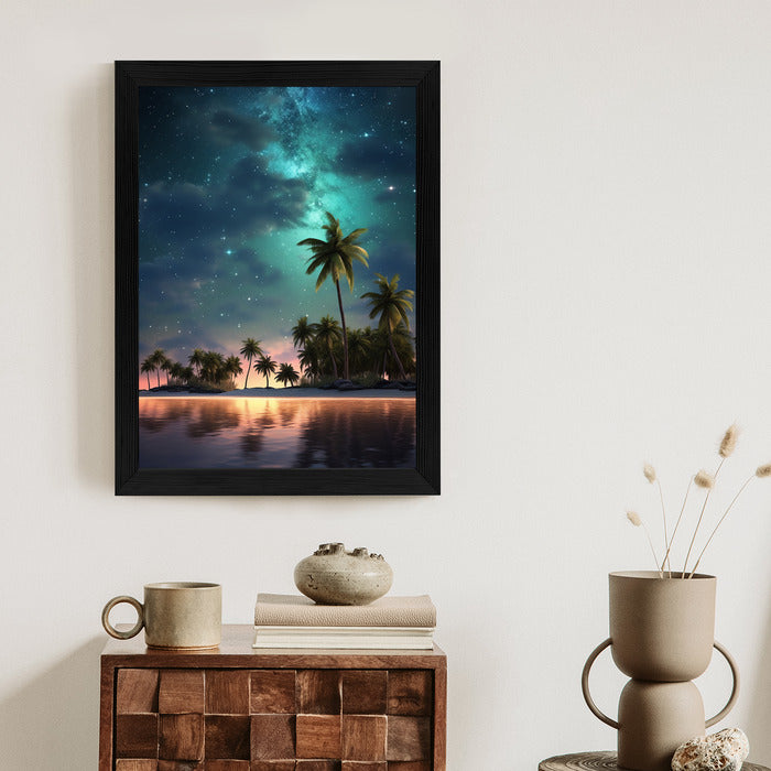 Poster Sternenstrand Auf Einer Tropischen Insel Mit Palmen Rahmen Holz Mit Passepartout Farbe Weiß
