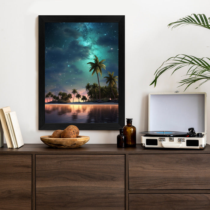 Poster Sternenstrand Auf Einer Tropischen Insel Mit Palmen Rahmen Holz Mit Passepartout Farbe Weiß
