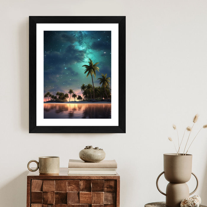 Poster Sternenstrand Auf Einer Tropischen Insel Mit Palmen Rahmen Holz Mit Passepartout Farbe Weiß