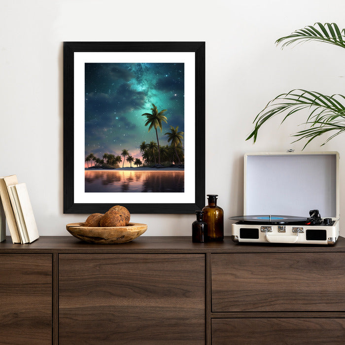 Poster Sternenstrand Auf Einer Tropischen Insel Mit Palmen Rahmen Holz Mit Passepartout Farbe Weiß