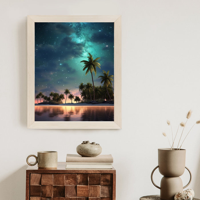 Poster Sternenstrand Auf Einer Tropischen Insel Mit Palmen Rahmen Holz Mit Passepartout Farbe Weiß