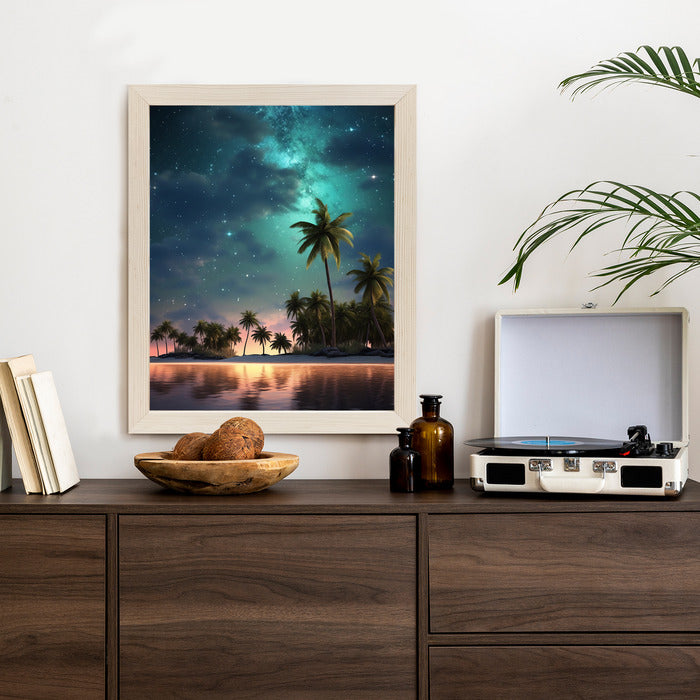 Poster Sternenstrand Auf Einer Tropischen Insel Mit Palmen Rahmen Holz Mit Passepartout Farbe Weiß