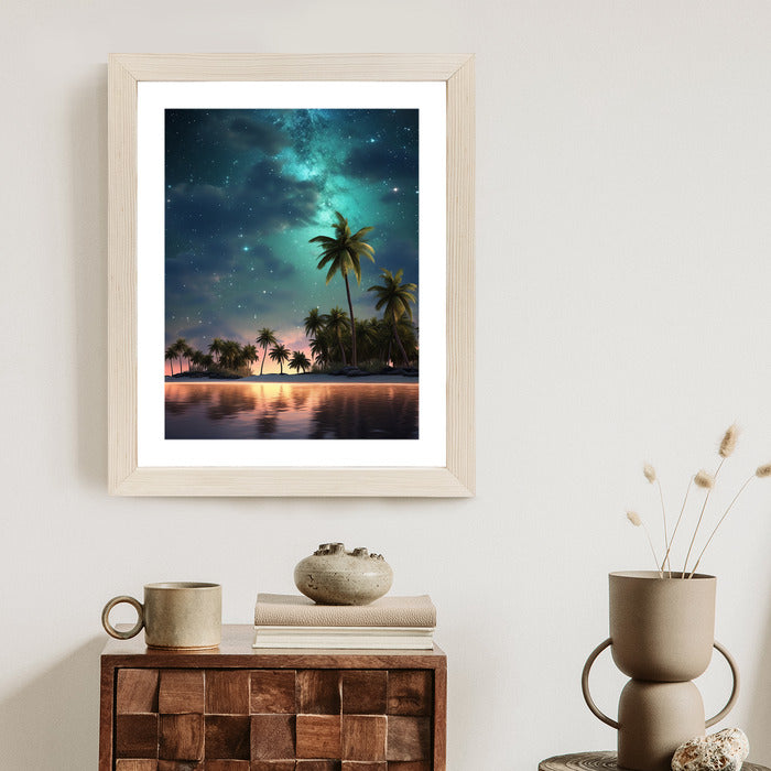 Poster Sternenstrand Auf Einer Tropischen Insel Mit Palmen Rahmen Holz Mit Passepartout Farbe Weiß
