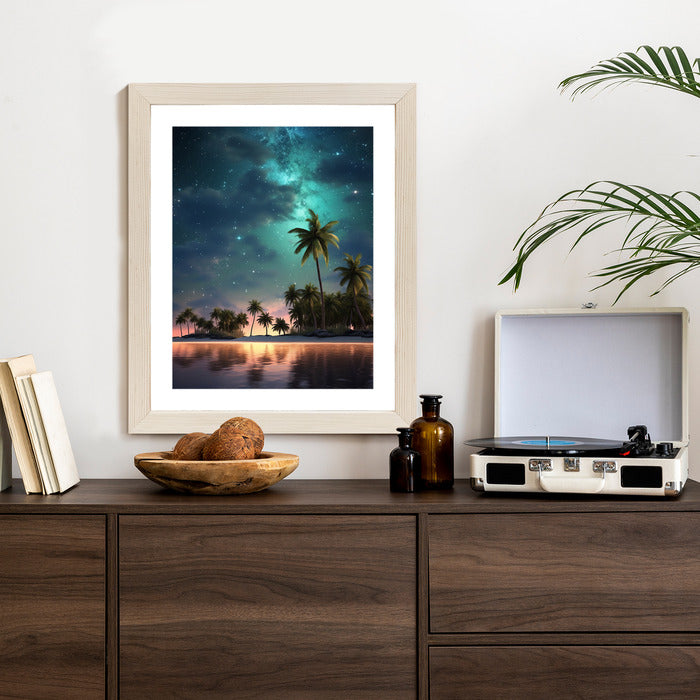 Poster Sternenstrand Auf Einer Tropischen Insel Mit Palmen Rahmen Holz Mit Passepartout Farbe Weiß