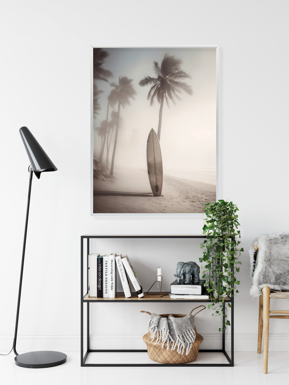 Poster Surfbrett Am Strand Mit Palmen Rahmen Holz Mit Passepartout Farbe Natürlich