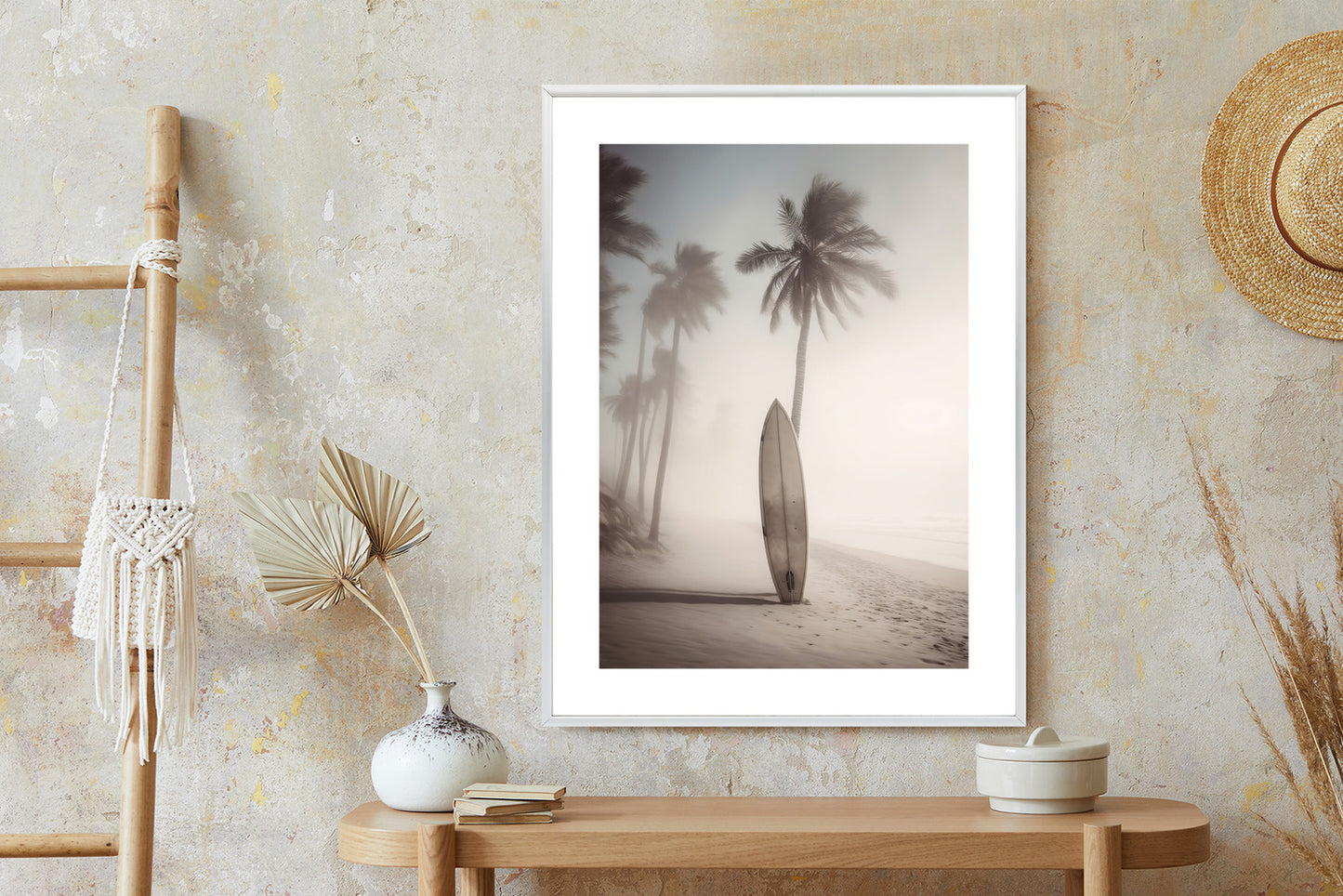 Poster Surfbrett Am Strand Mit Palmen Rahmen Holz Mit Passepartout Farbe Natürlich