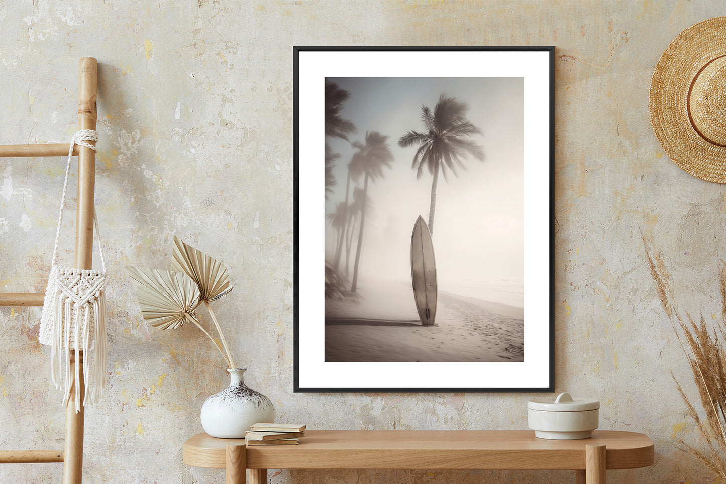 Poster Surfbrett Am Strand Mit Palmen Rahmen Holz Mit Passepartout Farbe Natürlich