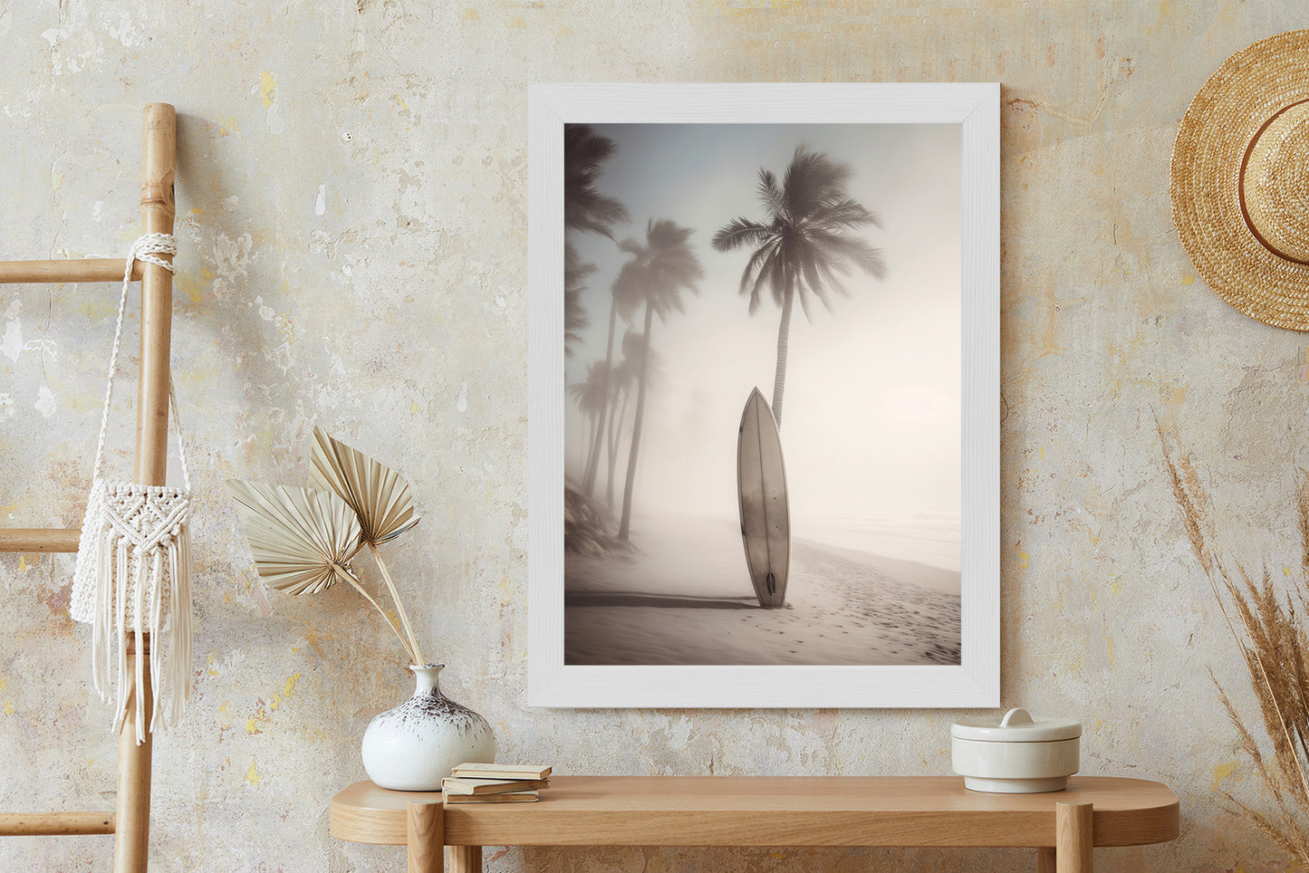 Poster Surfbrett Am Strand Mit Palmen Rahmen Holz Mit Passepartout Farbe Natürlich