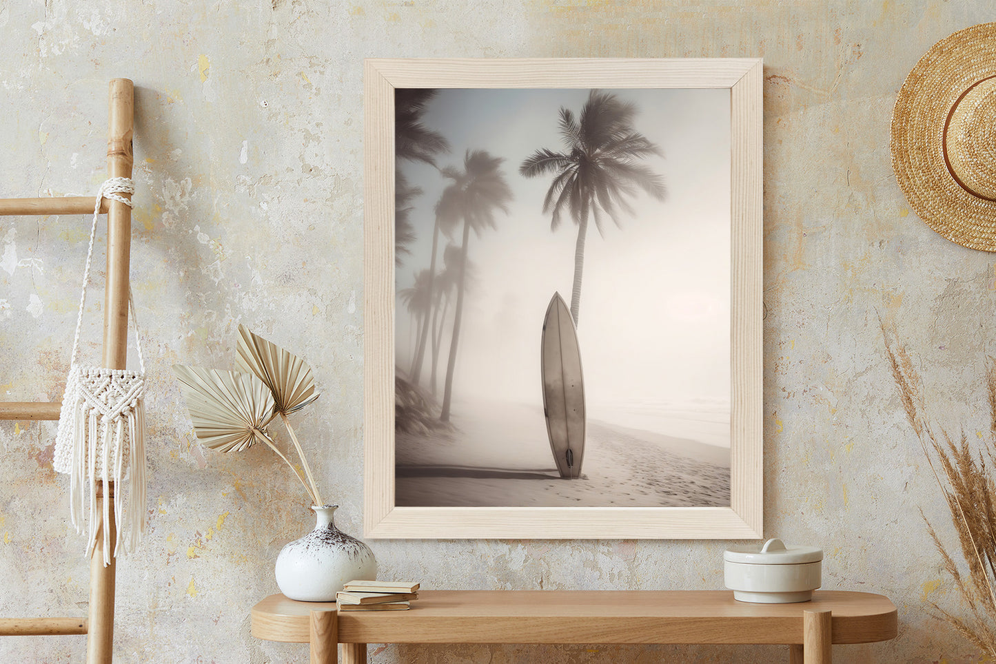 Poster Surfbrett Am Strand Mit Palmen Rahmen Holz Mit Passepartout Farbe Natürlich