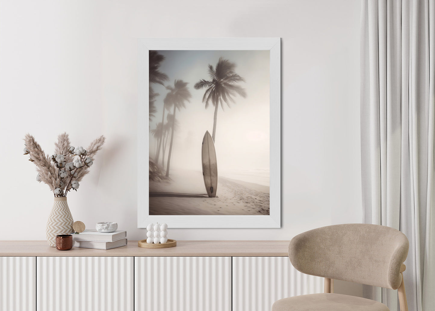 Poster Surfbrett Am Strand Mit Palmen Rahmen Holz Mit Passepartout Farbe Natürlich