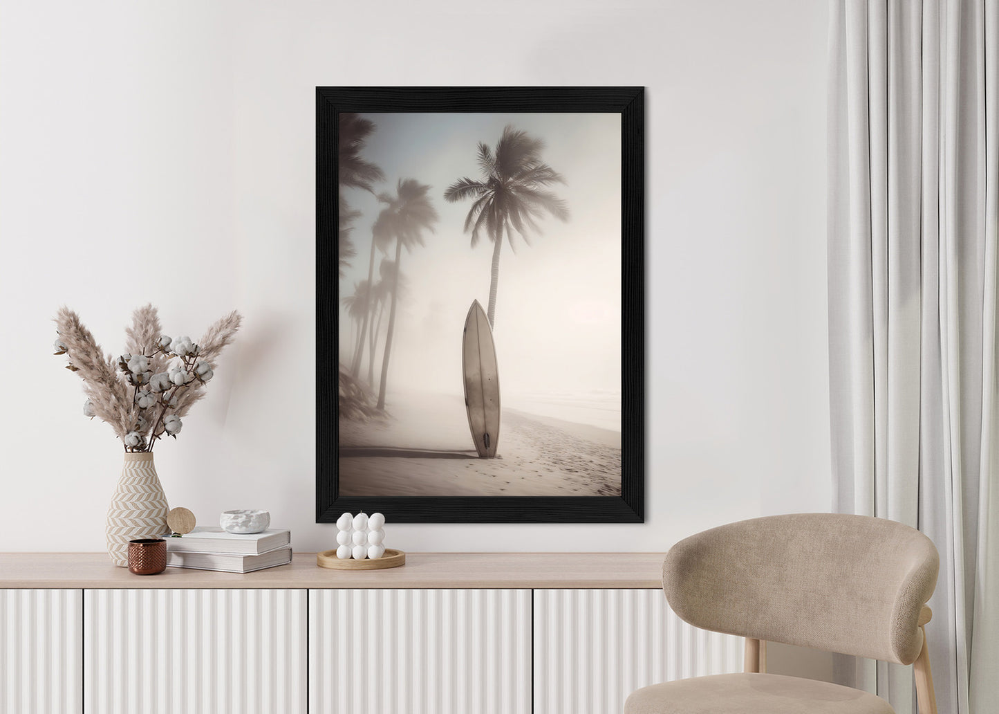 Poster Surfbrett Am Strand Mit Palmen Rahmen Holz Mit Passepartout Farbe Natürlich