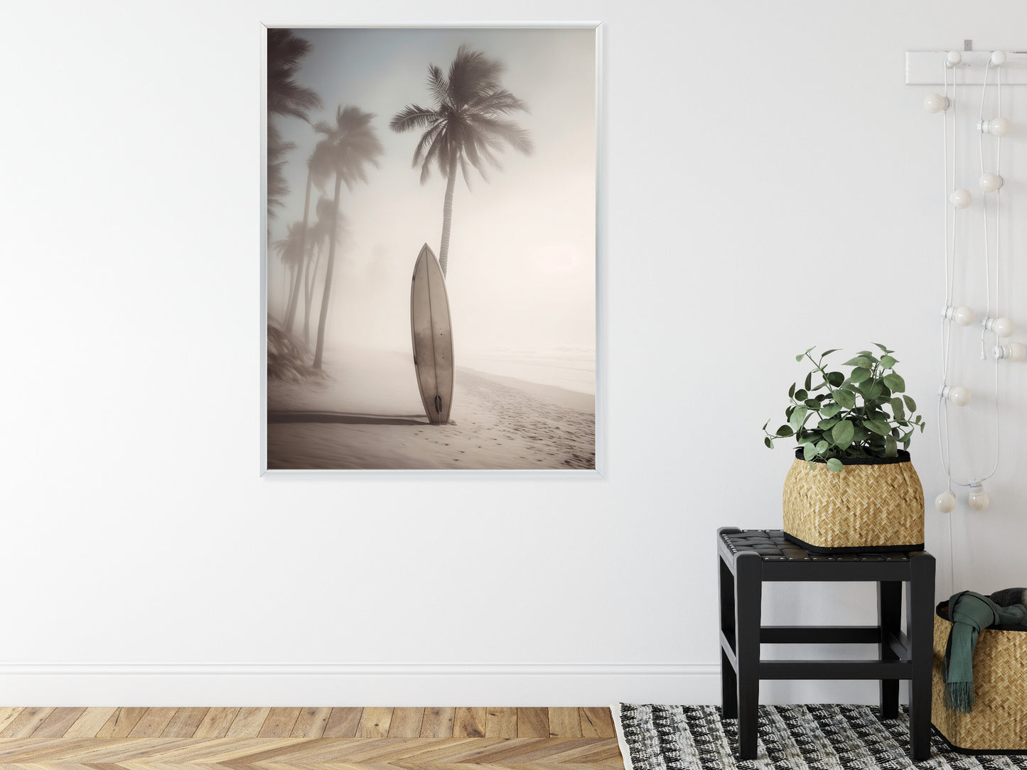 Poster Surfbrett Am Strand Mit Palmen Rahmen Holz Mit Passepartout Farbe Natürlich