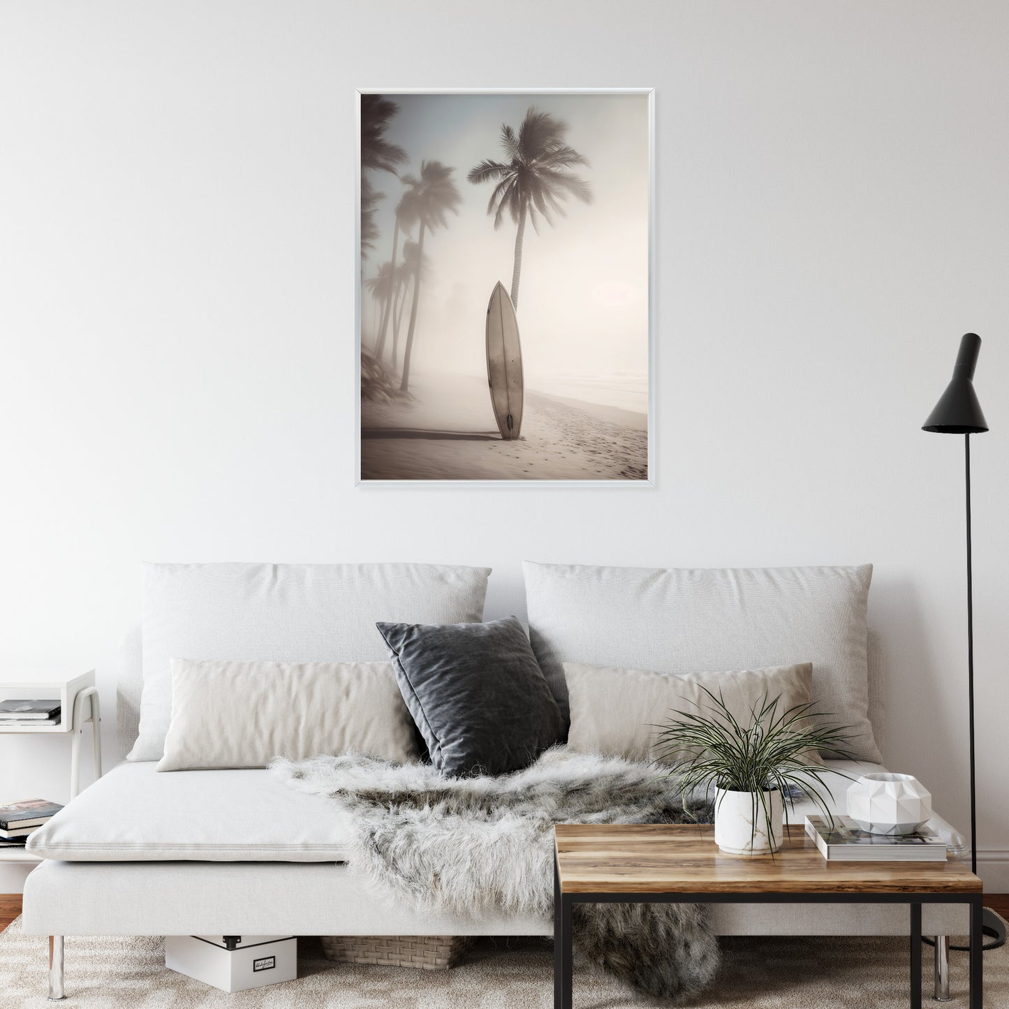 Poster Surfbrett Am Strand Mit Palmen Rahmen Holz Mit Passepartout Farbe Natürlich