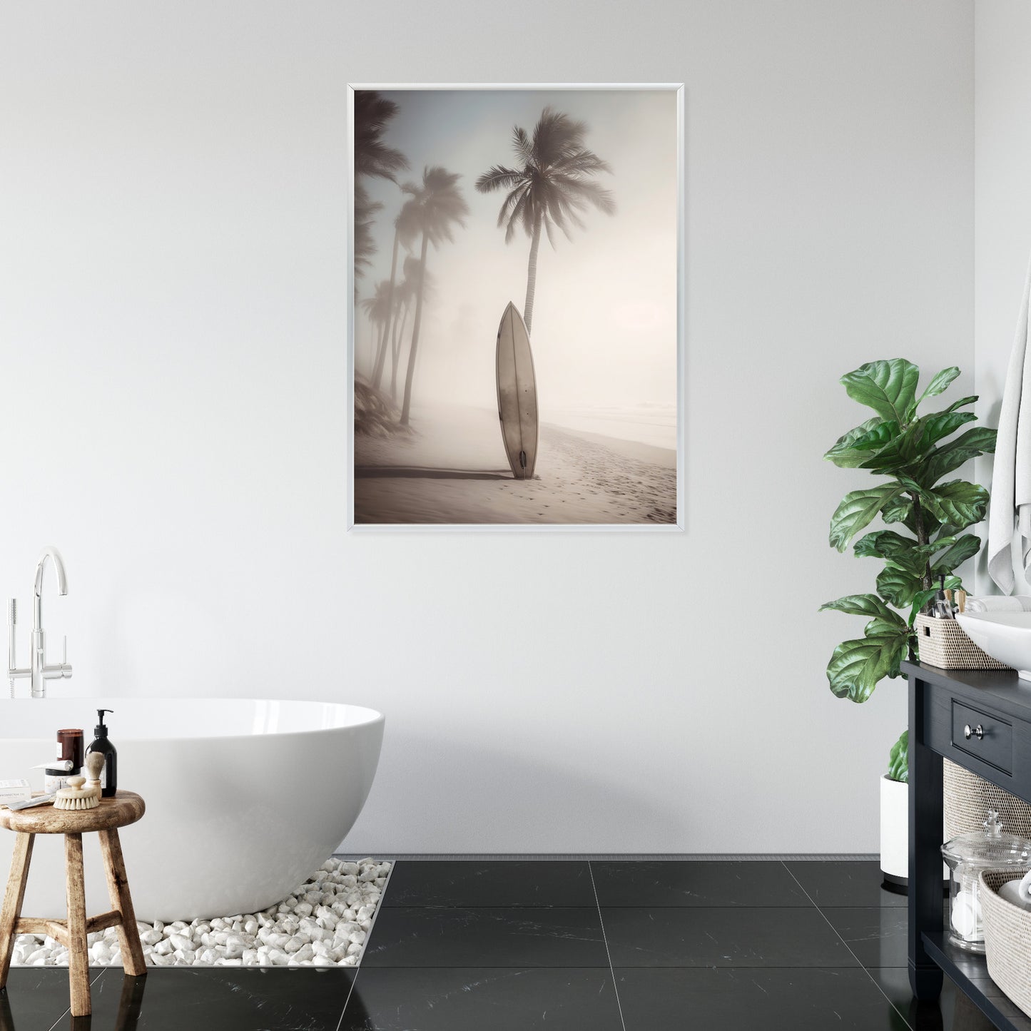 Poster Surfbrett Am Strand Mit Palmen Rahmen Holz Mit Passepartout Farbe Natürlich