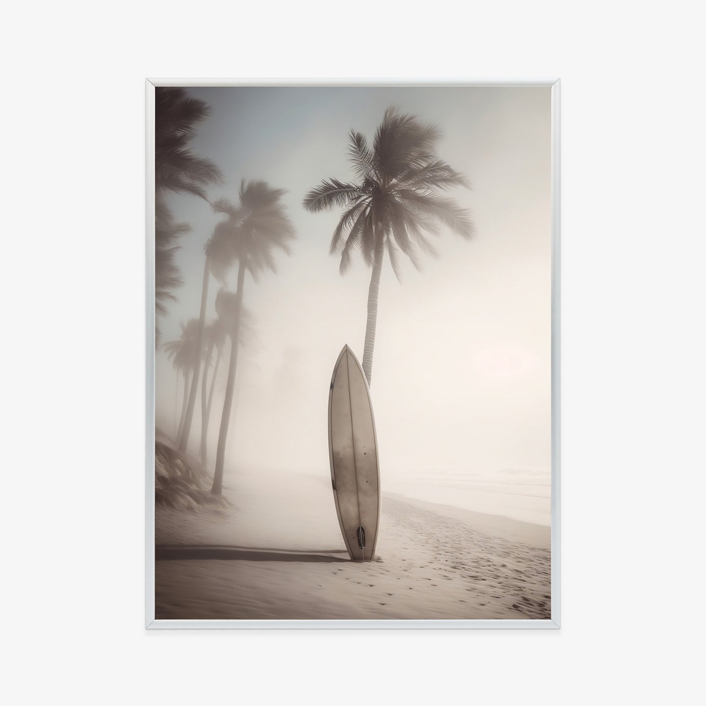 Poster Surfbrett Am Strand Mit Palmen Rahmen Holz Mit Passepartout Farbe Natürlich