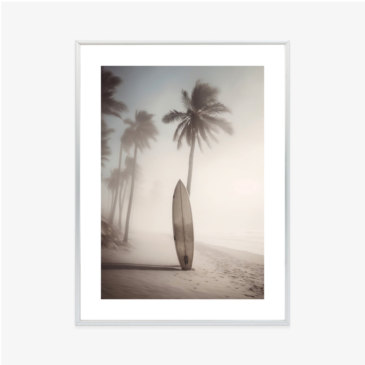 Poster Surfbrett Am Strand Mit Palmen Rahmen Holz Mit Passepartout Farbe Natürlich