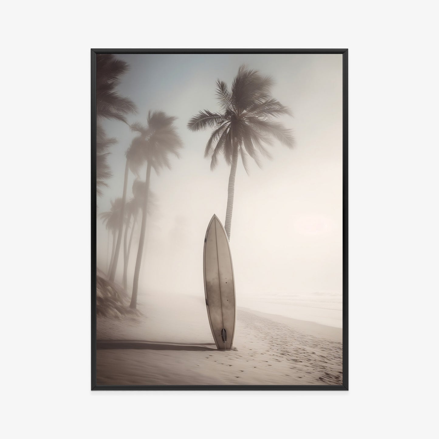 Poster Surfbrett Am Strand Mit Palmen Rahmen Holz Mit Passepartout Farbe Natürlich