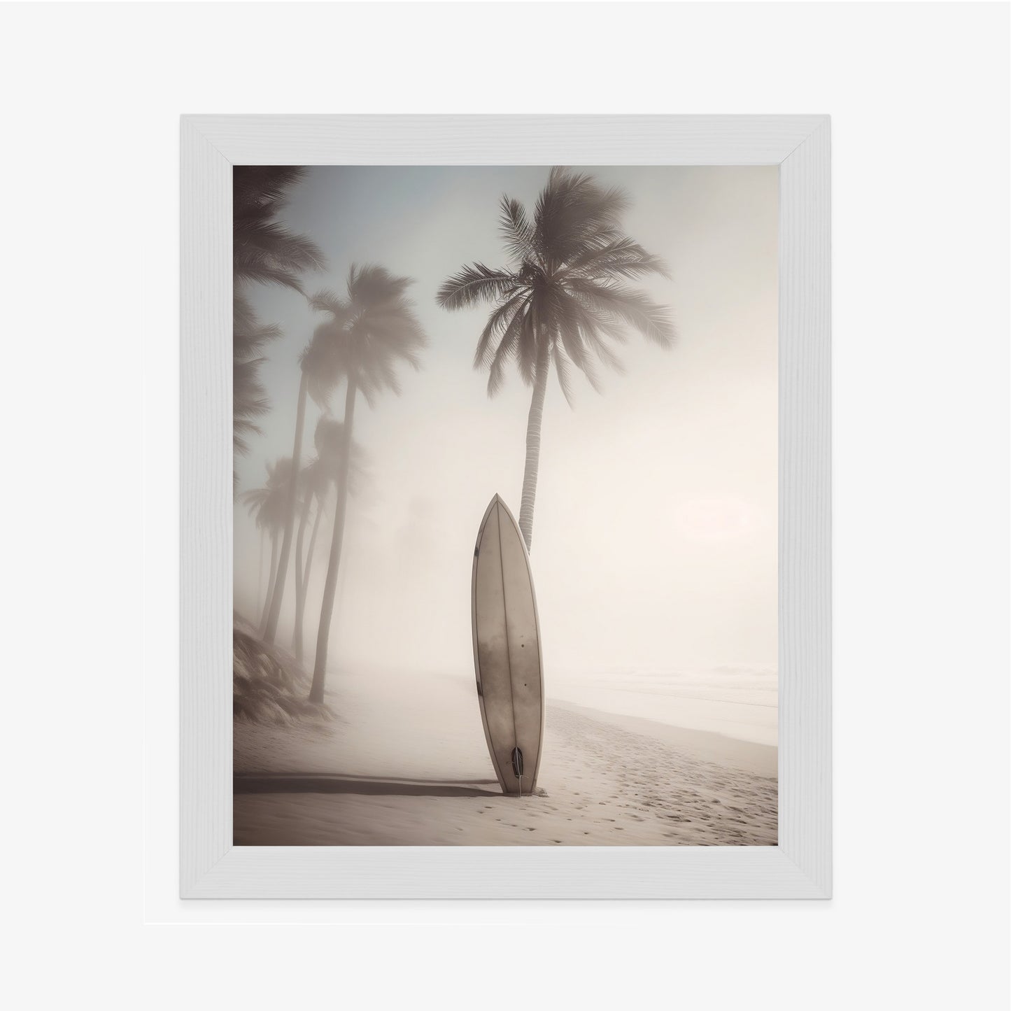 Poster Surfbrett Am Strand Mit Palmen Rahmen Holz Mit Passepartout Farbe Natürlich