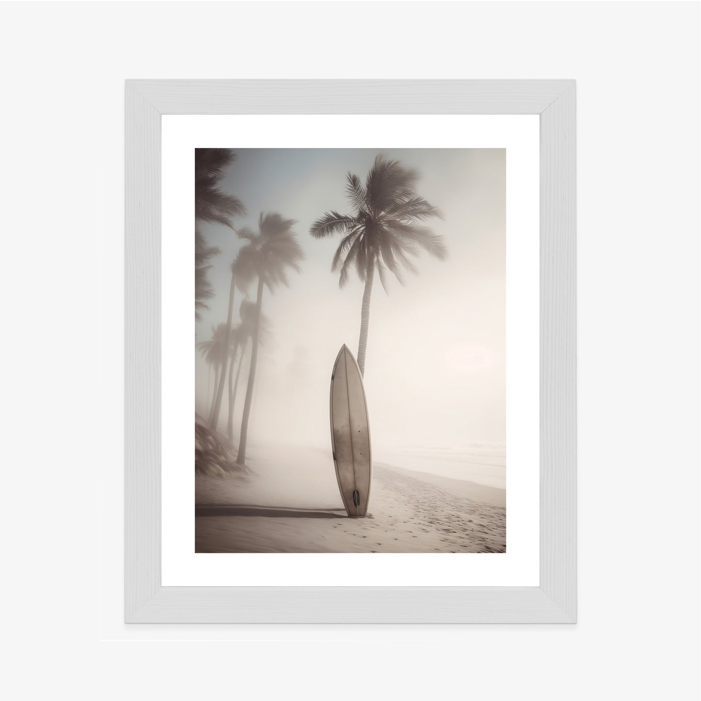 Poster Surfbrett Am Strand Mit Palmen Rahmen Holz Mit Passepartout Farbe Natürlich