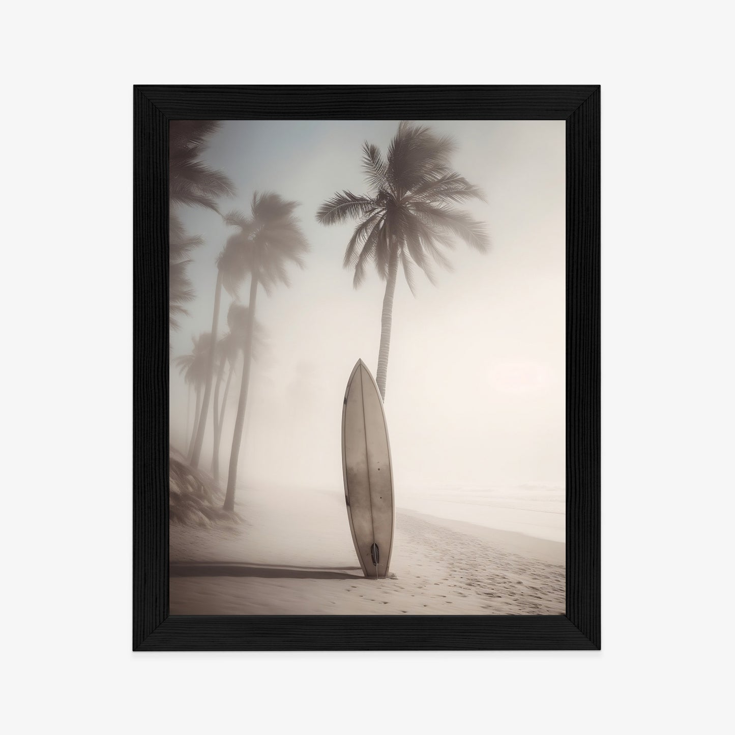 Poster Surfbrett Am Strand Mit Palmen Rahmen Holz Mit Passepartout Farbe Natürlich