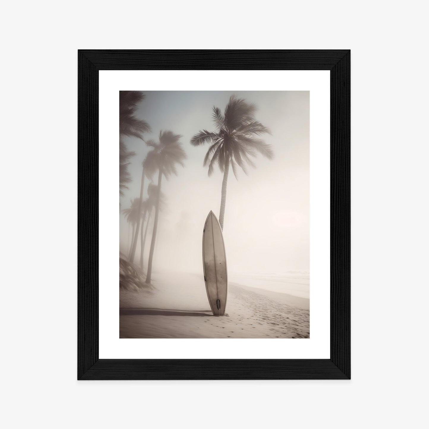 Poster Surfbrett Am Strand Mit Palmen Rahmen Holz Mit Passepartout Farbe Natürlich