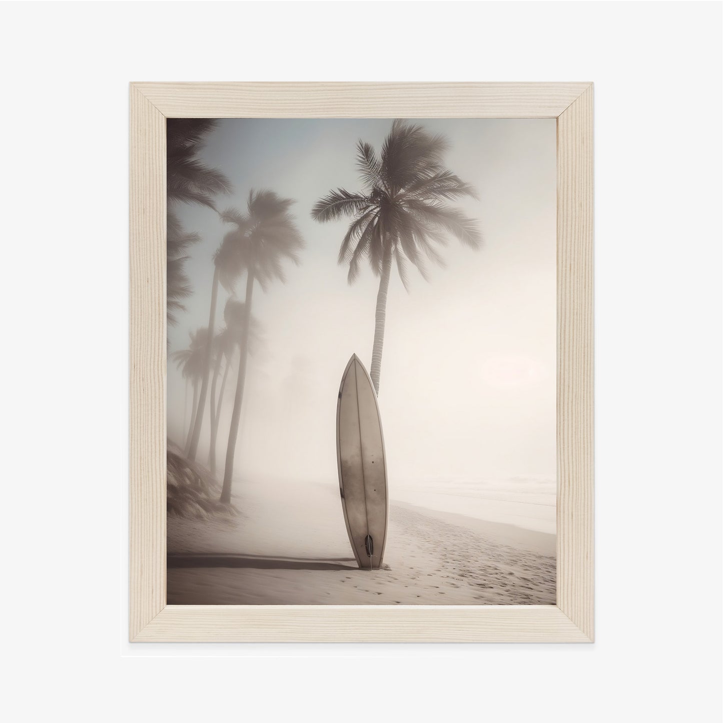 Poster Surfbrett Am Strand Mit Palmen Rahmen Holz Mit Passepartout Farbe Natürlich