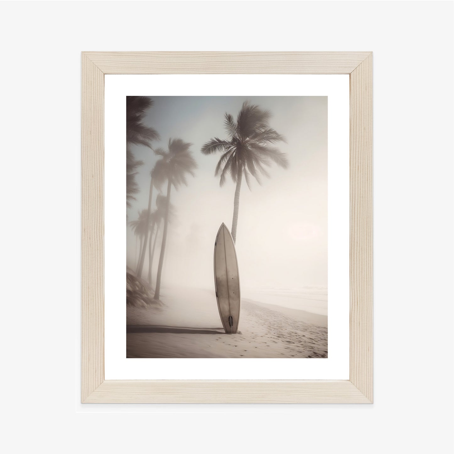 Poster Surfbrett Am Strand Mit Palmen Rahmen Holz Mit Passepartout Farbe Natürlich