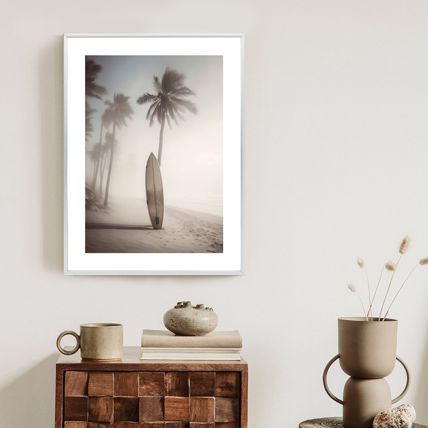 Poster Surfbrett Am Strand Mit Palmen Rahmen Holz Mit Passepartout Farbe Natürlich