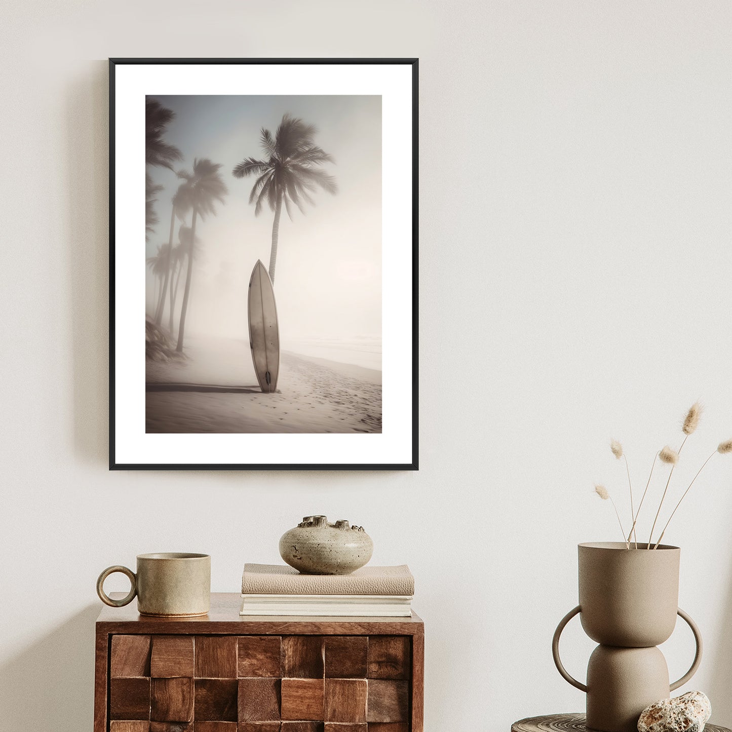 Poster Surfbrett Am Strand Mit Palmen Rahmen Holz Mit Passepartout Farbe Natürlich