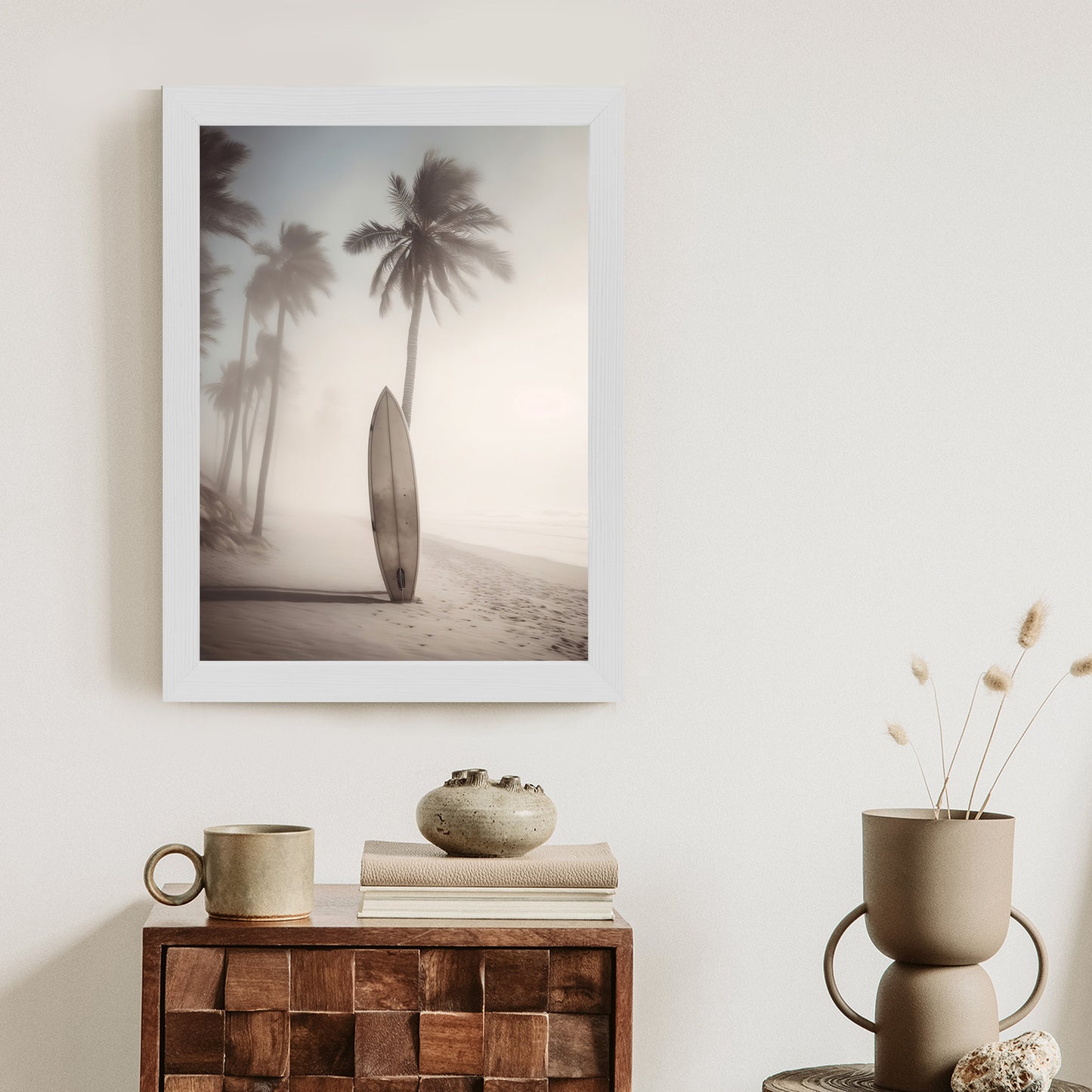 Poster Surfbrett Am Strand Mit Palmen Rahmen Holz Mit Passepartout Farbe Natürlich