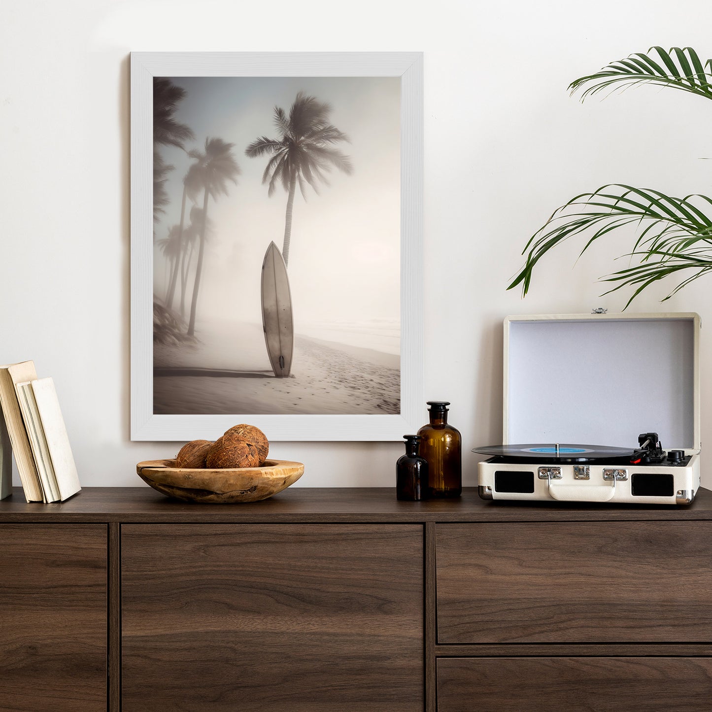 Poster Surfbrett Am Strand Mit Palmen Rahmen Holz Mit Passepartout Farbe Natürlich