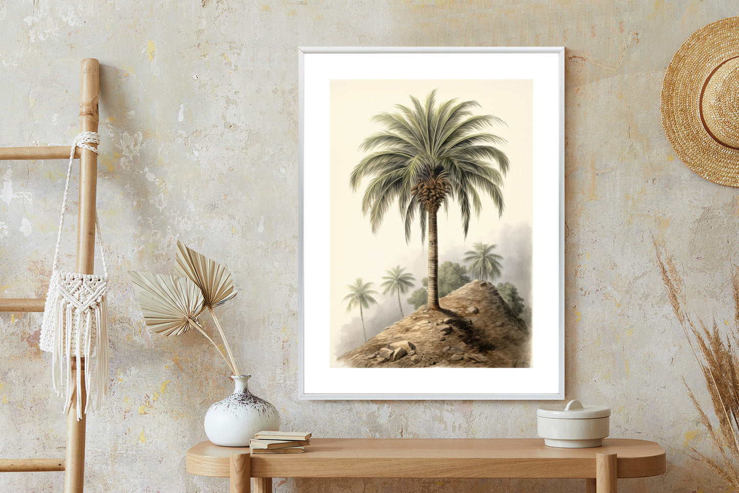 Poster Botanische Palme In Einer Wüstenlandschaft Rahmen Holz Mit Passepartout Farbe Natürlich