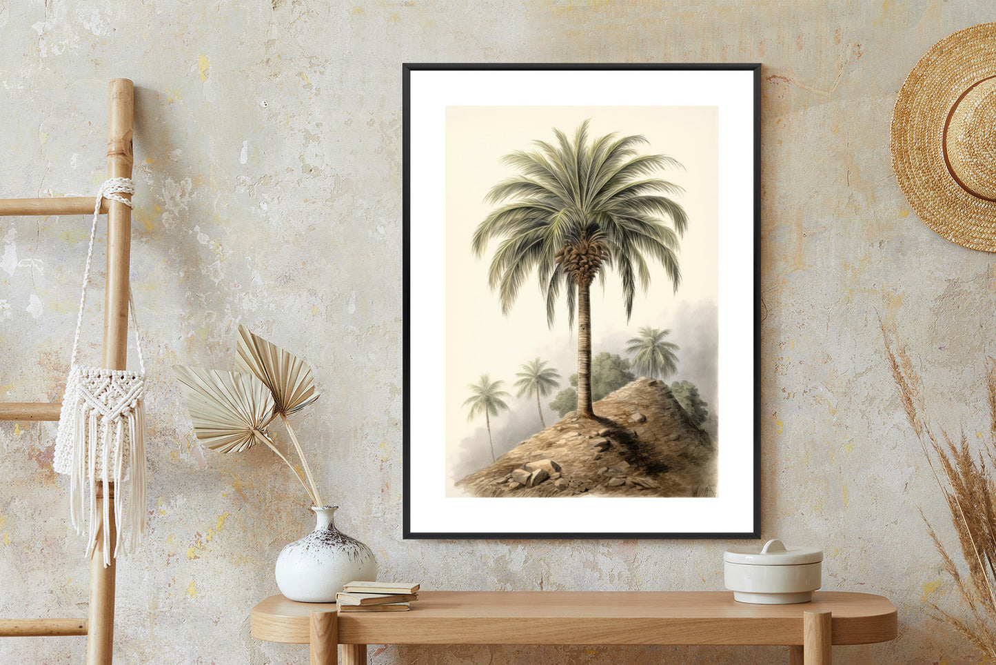 Poster Botanische Palme In Einer Wüstenlandschaft Rahmen Holz Mit Passepartout Farbe Natürlich