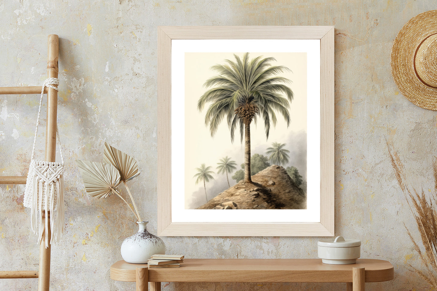 Poster Botanische Palme In Einer Wüstenlandschaft Rahmen Holz Mit Passepartout Farbe Natürlich