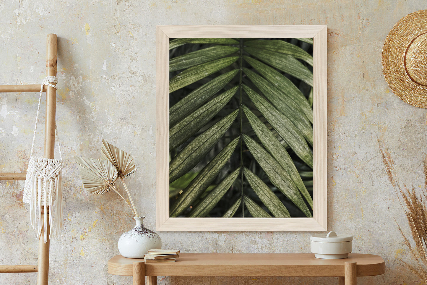 Poster Exotische Palmblätter Rahmen Hölzern Farbe Natürlich
