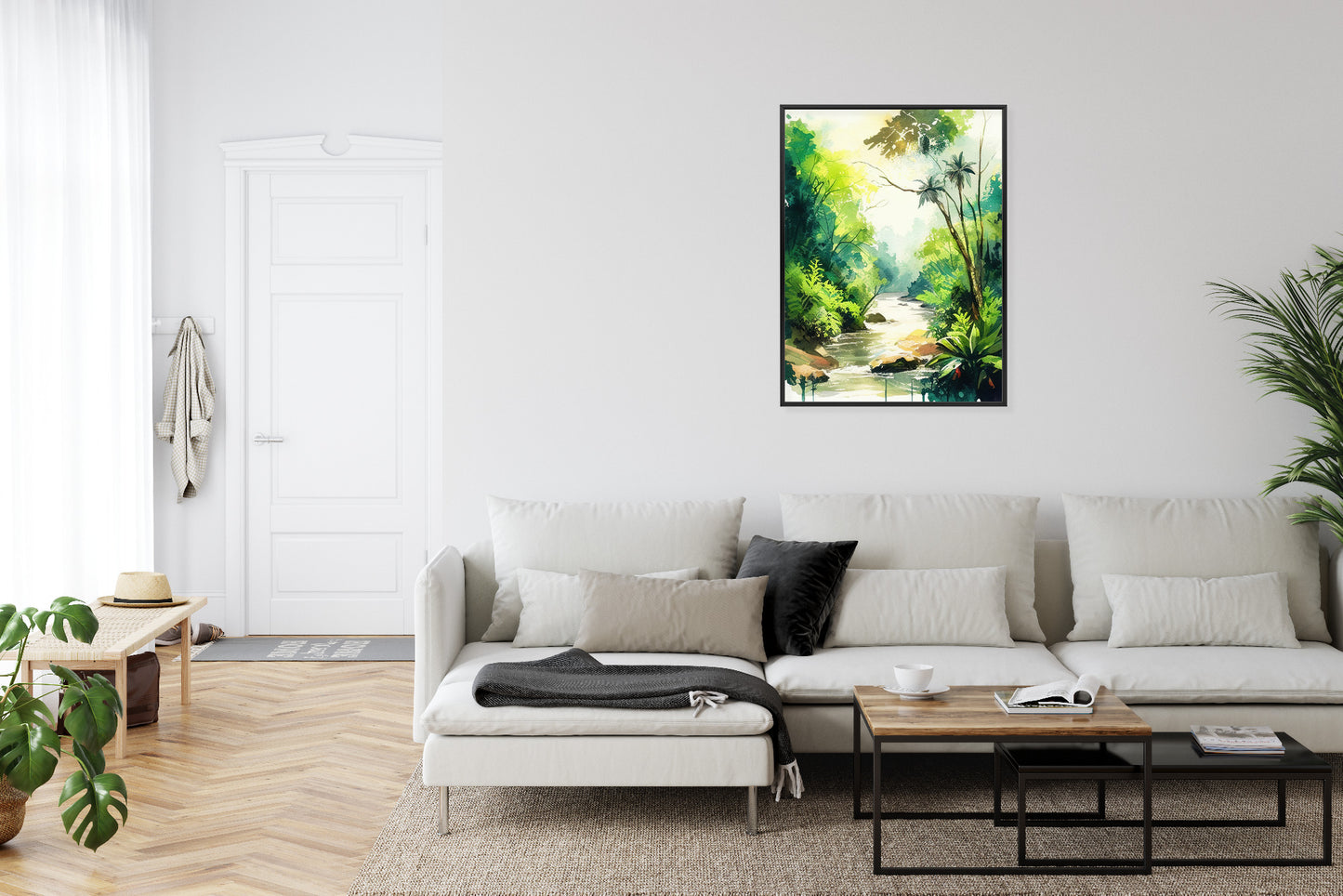 Poster Dschungel Aus Palmen Und Fluss Rahmen Holz Mit Passepartout Farbe Natürlich