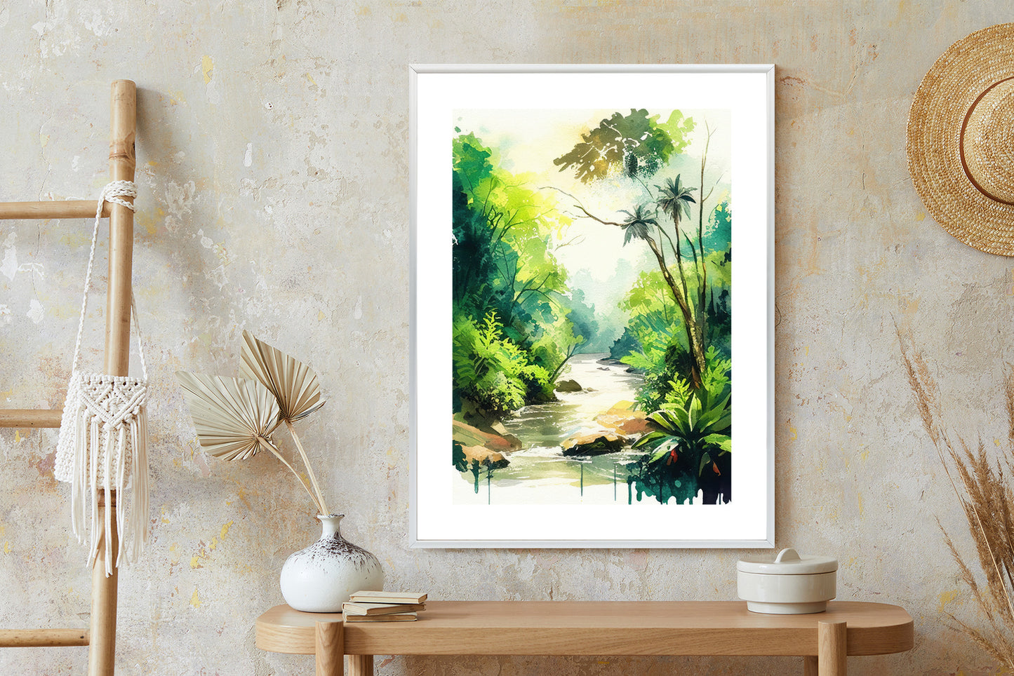 Poster Dschungel Aus Palmen Und Fluss Rahmen Holz Mit Passepartout Farbe Natürlich