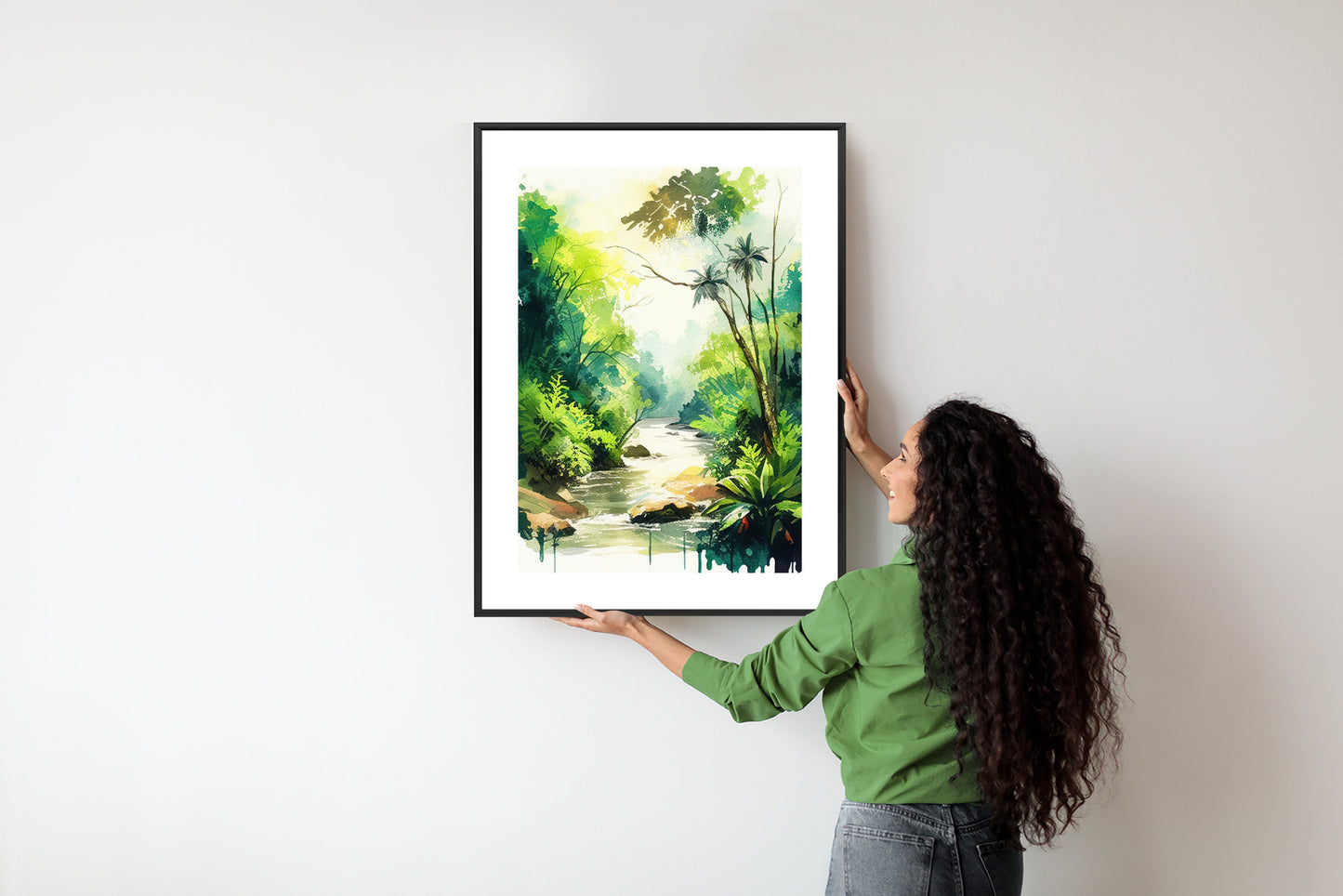 Poster Dschungel Aus Palmen Und Fluss Rahmen Holz Mit Passepartout Farbe Natürlich