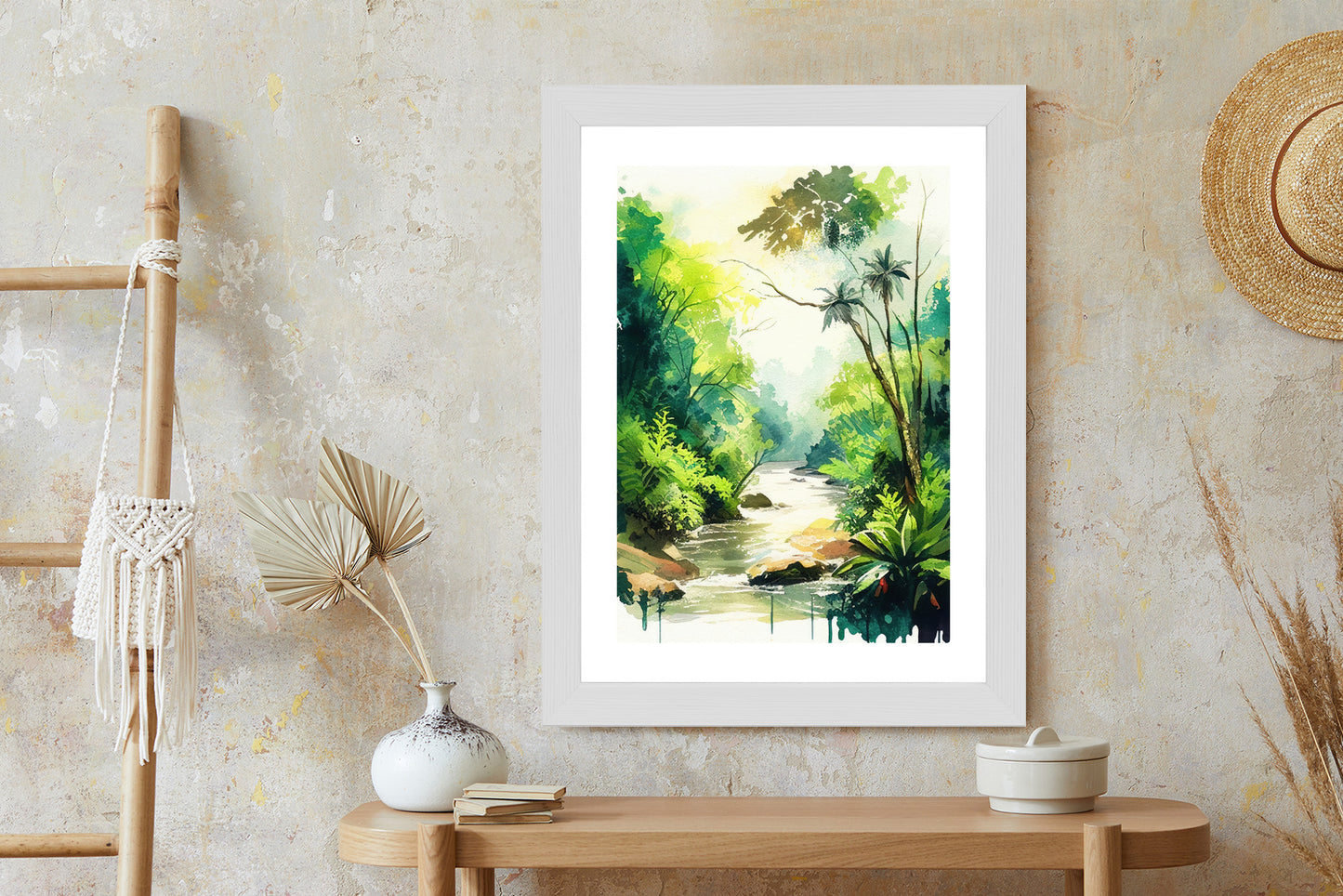 Poster Dschungel Aus Palmen Und Fluss Rahmen Holz Mit Passepartout Farbe Natürlich